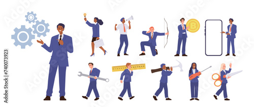Businesspeople cartoon characters wearing formal suits working with different tools big set