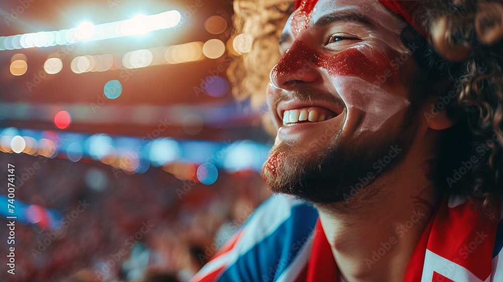 Ecstatic england soccer fan with face paint in flag colors cheering at stadium event with text space - obrazy, fototapety, plakaty 
