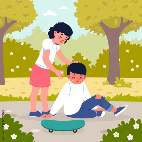 Friends supports. Sad little boy falling, girl comforts crying friend, traumatic situation in park, empathic manifestation, extreme skateboarding, cartoon flat isolated vector concept
