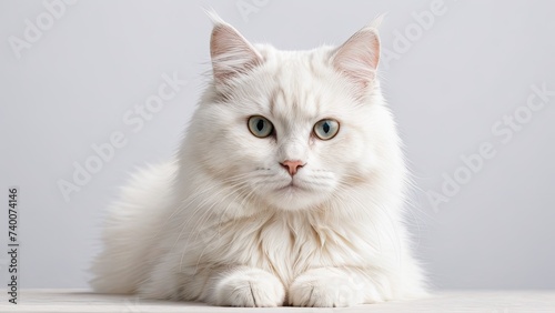 Portrait of White siberian cat on grey background