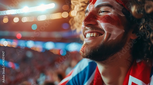 Ecstatic england soccer fan with face paint in flag colors cheering at stadium event with text space photo