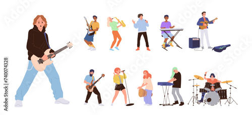 People musicians rock, pop, jazz stars cartoon characters singing, playing music instrument big set
