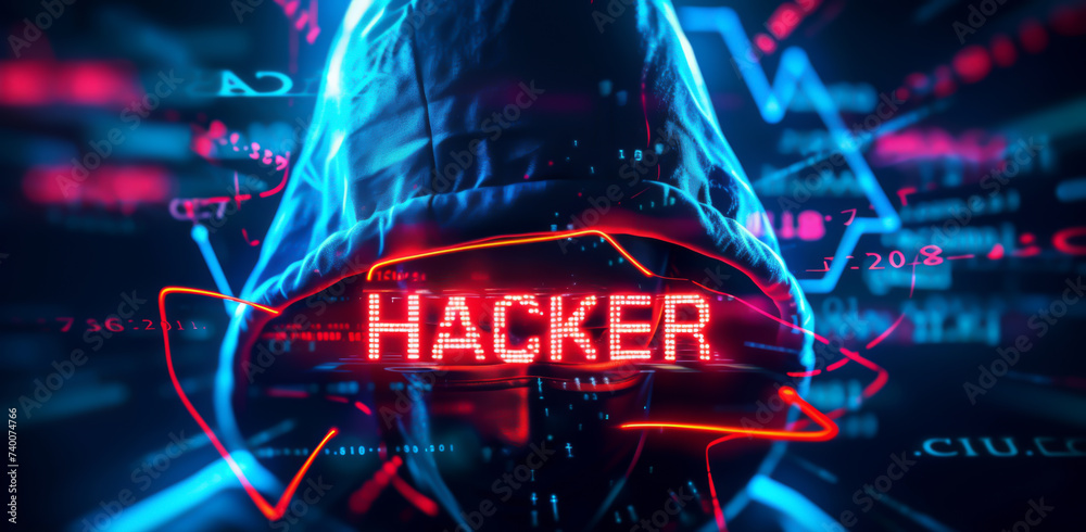 "HACKER" written with a hacker on background, INTERNET COMPUTER concept - obrazy, fototapety, plakaty 