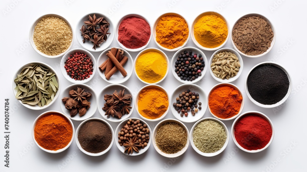 A collection of different spices on white background A collection of different spices on white background