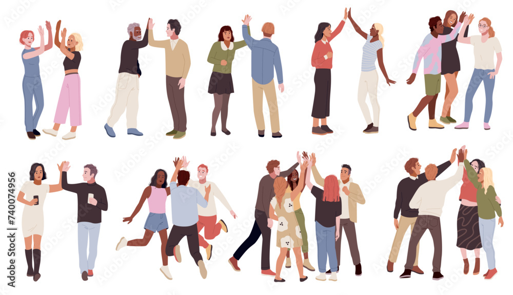 Cartoon people groups high five. Happy friends beat off hands, success gesture, business team is rejoicing, men and women unity and support togetherness concept, tidy vector flat isolated set