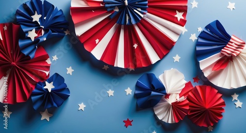 4th of July background, USA Presidents Day, Independence Day, Memorial day, US election concept. Red white and blue paper fans with stars confetti. Flat lay, top view