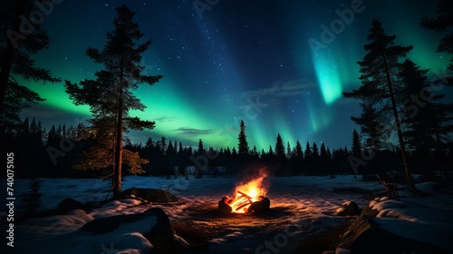 A warm and cosy campfire in the wilderness with forest trees silhouetted in the background and the stars and Northern Lights (Aurora Borealis) lighting up the night sky. Photo composite