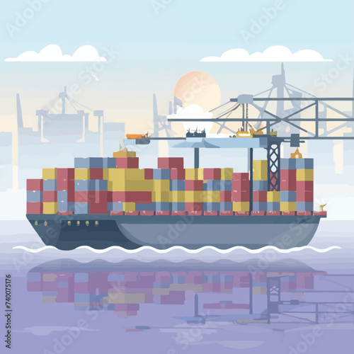 2d vector illustration colorful Land and sea transport techniques, methods and technological tools for transporting and shipping goods and products and logistic 
