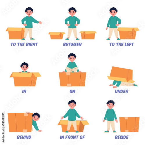 Boy helps to learn english prepositions. Child playing with cardboard box, different positions relative to object, grammar, language studying, cartoon flat style isolated vector set
