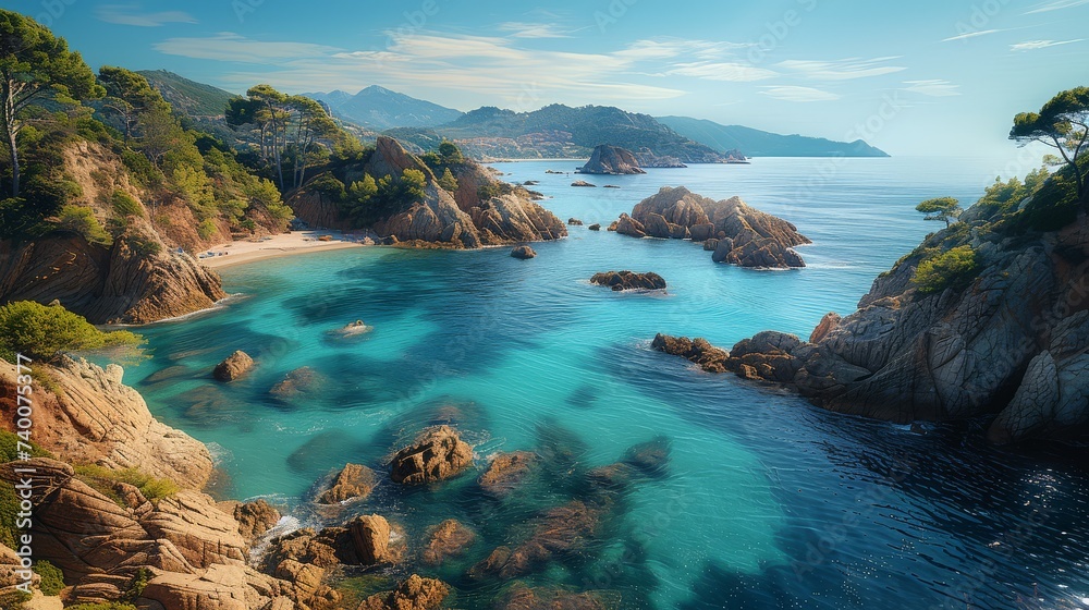 Stunning view of rocky Mediterranean coastline with clear blue water.