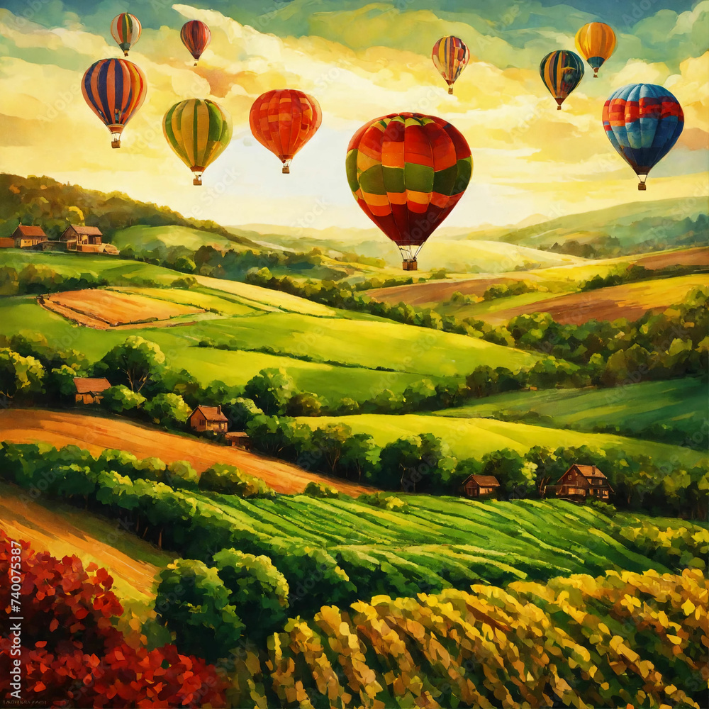 Ballons über himmlischer Landschaft - Illustration