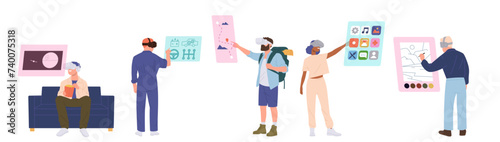 Diverse people cartoon character enjoying interaction with content in virtual reality isolated set
