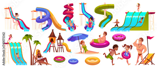 Aqua park visitors. Extreme waterpark attractions, family entertainment, colored plastic slides, lifeguard and happy people, swimming children cartoon flat style isolated tidy vector set