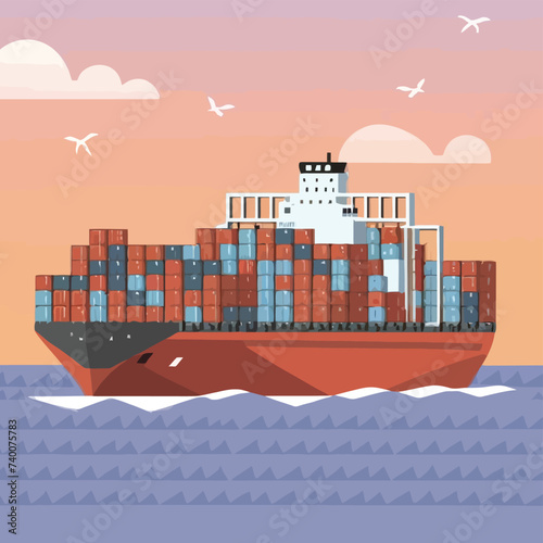 2d vector illustration colorful Land and sea transport techniques, methods and technological tools for transporting and shipping goods and products and logistic 

