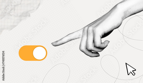Trendy Halftone Collage Close Up Woman's Hand turning on slider button. On or Off toggle switch button. Hand activates slider bar. Click here. Contemporary vector art illustration photo