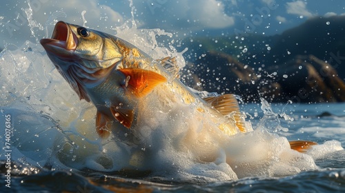 Large bass fish leaping out of water with dynamic splashes against a scenic backdrop.