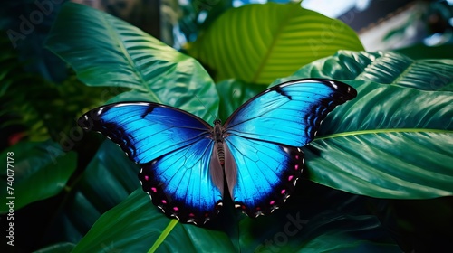 Blue Morpho, Morpho peleides, big butterfly sitting on green leaves, beautiful insect in the nature habitat, wildlife from Amazon in Peru, South America photo