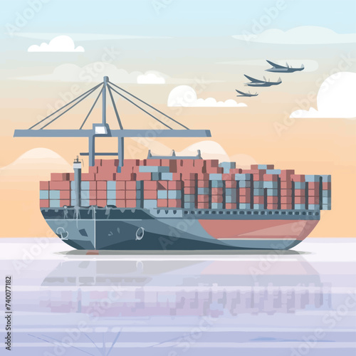 2d vector illustration colorful Land and sea transport techniques, methods and technological tools for transporting and shipping goods and products and logistic 
