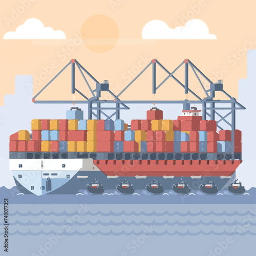 2d vector illustration colorful Land and sea transport techniques, methods and technological tools for transporting and shipping goods and products and logistic 
