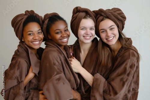 Four radiant women in brown spa robes and head towels, exuding warmth and friendship.