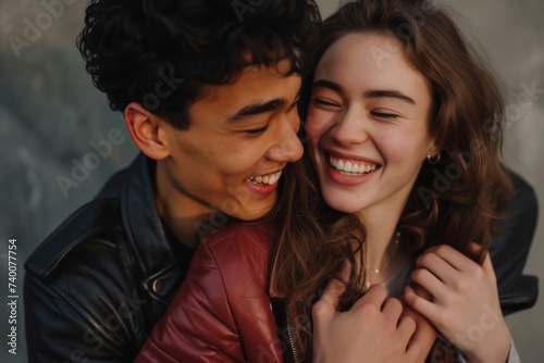 Young multinational couple in leather jackets sharing a close, joyful moment on a gray background.