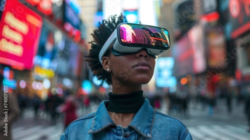 woman on the streets of new york with virtual reality glasses