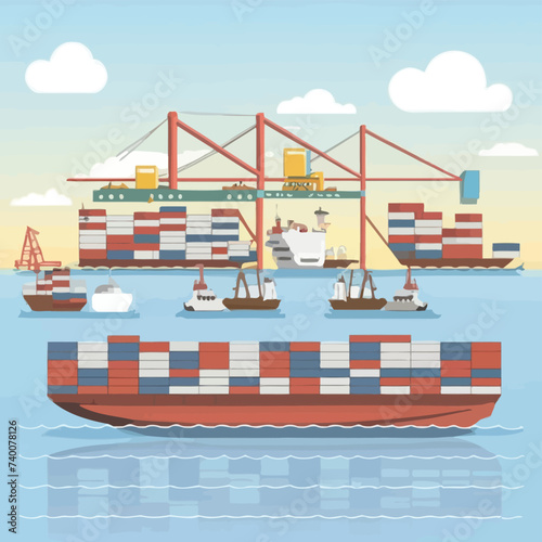 2d vector illustration colorful Land and sea transport techniques, methods and technological tools for transporting and shipping goods and products and logistic 
