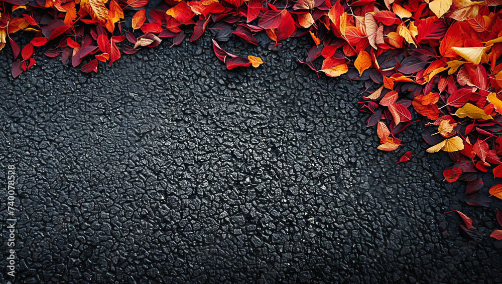 image of an asphalt surface and a frame of autumn leaves. top view, template, place for text
