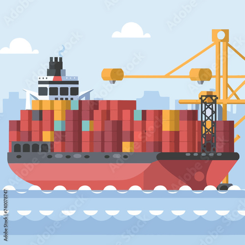 2d vector illustration colorful Land and sea transport techniques, methods and technological tools for transporting and shipping goods and products and logistic 
