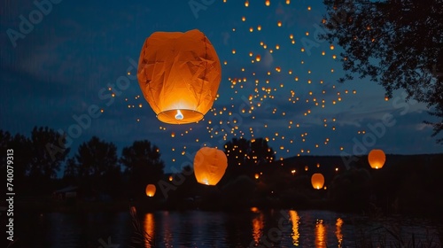 Traditional floating lantern festival  paper lanterns glowing on dark water, memorial day event photo