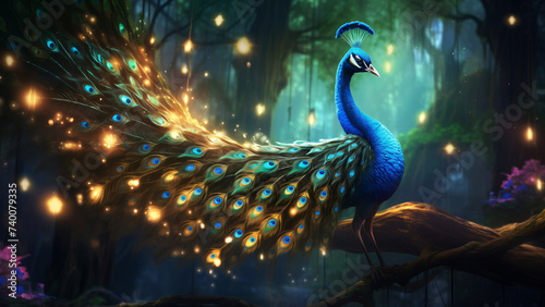A vibrant peacock with stunning feathers fanning tail in mystical forest with glowing lights photo