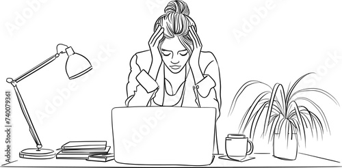 continuous single line drawing  of  Stressed business woman sitting workspace with laptop vector, stress corporate professional, businesswoman in  tension  line art style vector