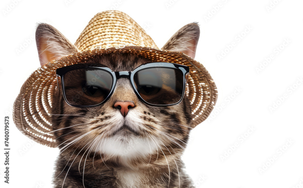 A cat wearing sunglasses upcoming the upcoming summer on a white background 