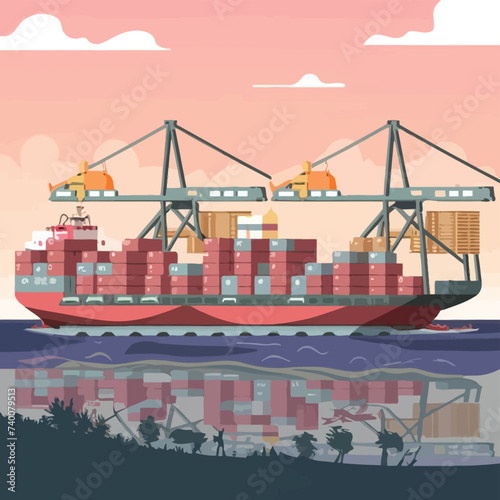 2d vector illustration colorful Land and sea transport techniques, methods and technological tools for transporting and shipping goods and products and logistic 
