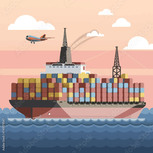 2d vector illustration colorful Land and sea transport techniques, methods and technological tools for transporting and shipping goods and products and logistic 
