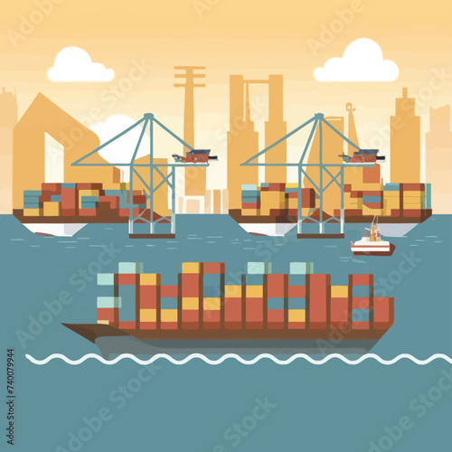 2d vector illustration colorful Land and sea transport techniques, methods and technological tools for transporting and shipping goods and products and logistic 
