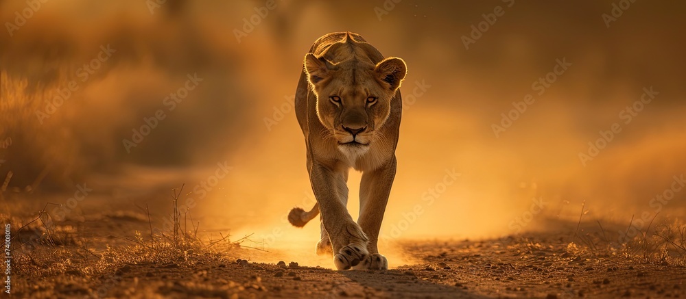 Obraz premium A captivating lioness runs swiftly across a dirt road, stirring up dust in her wake.