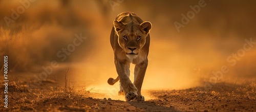 A captivating lioness runs swiftly across a dirt road, stirring up dust in her wake.