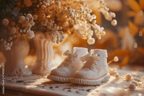 Decorative Figurines of Shoes on White Flowers