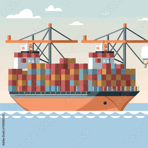 2d vector illustration colorful Land and sea transport techniques, methods and technological tools for transporting and shipping goods and products and logistic 
