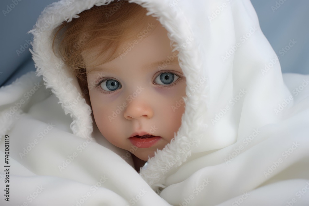 A close-up of a blue-eyed child peeking out from a cozy white blanket. A close-up of a blue-eyed child peeking out from a cozy white blanket.