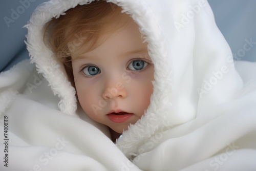 A close-up of a blue-eyed child peeking out from a cozy white blanket.