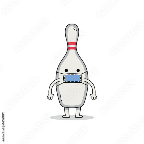 Cute bowling pin cartoon character wearing a medical mask doodle