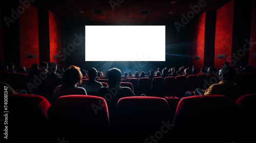 Movie theater screen with audience. Movie theater auditorium with screen and red seats. Leisure entertainment movies and people concept