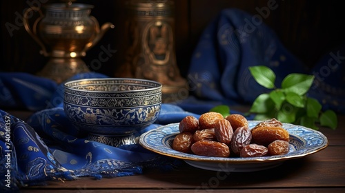 Fine quality ripen dates and an vintage plate. An ornamental bowl of Arabian dates