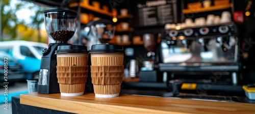 Mobile coffee shop van offering to go coffee on bustling city streets with space for text