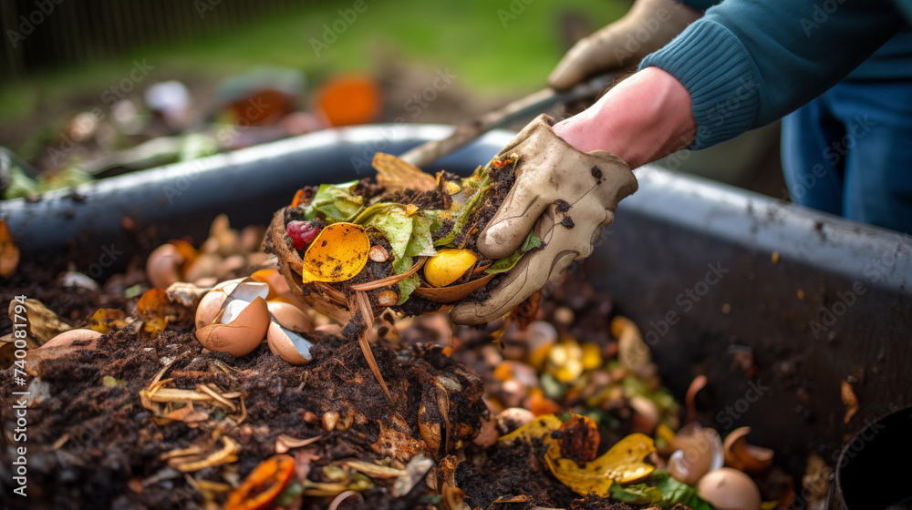 Close up hand making compost with rotting food scraps for gardening hobby, making natural fertilizer for plants. Organic matter and soil. Environmentally friendly - obrazy, fototapety, plakaty 