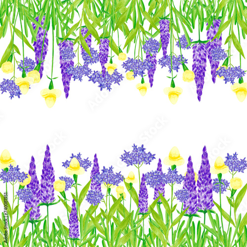 Hand drawn watercolor wildflowers lavender and hortense frame border isolated on white background. Can be used for cards, label, poster and other printed products. photo