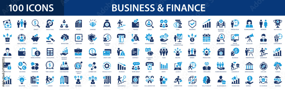 Business and finance flat icons set. Meeting, bank, money, partnership, payments, business team, wallet, profit, company, management, planning icons and more signs. Flat icon collection.
