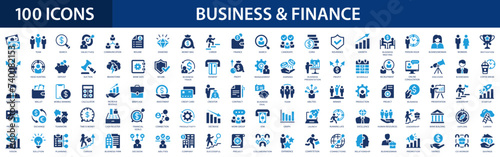 Business and finance flat icons set. Meeting, bank, money, partnership, payments, business team, wallet, profit, company, management, planning icons and more signs. Flat icon collection. photo